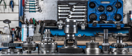 Set of various engine and gearbox spare parts. Shiny gears for planetary gearbox.Metal ...