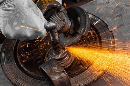 A young man welder grinder metal gear an angle grinder   in the   workshop, sparks fly to the side....