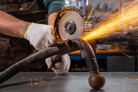 Close-up of a man sawing   bearing metal brake disk with a hand circular saw, bright flashes flying...