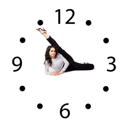 Unusual illustration of a clock: a young pretty athletic girl shows time with her feet. The hands of...