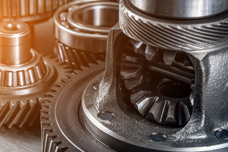 Set of various engine and gearbox spare parts. Shiny gears for planetary gearbox.Metal ...