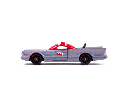 Novosibirsk, Russia â€“  February 17, 2020: Hot Wheels convertible gray car toy model with red...