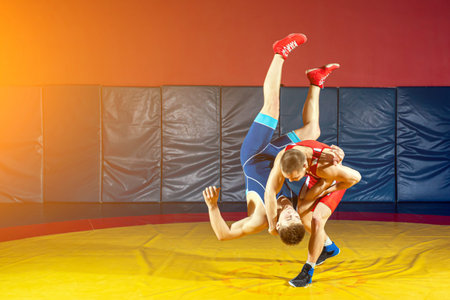 Two strong wrestlers in blue and red wrestling tights are wrestlng and making a  making a hip throw ...