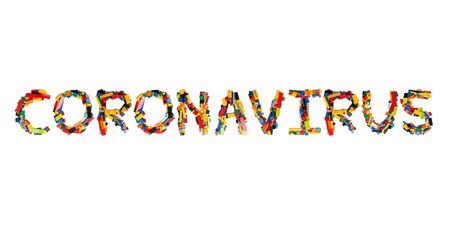 Inscription  Coronavirus of the English alphabet  from multi-colored children's plastic constructor on a white isolated background.Child and medical  pattern.Sign  from a photo of kids designの写真素材