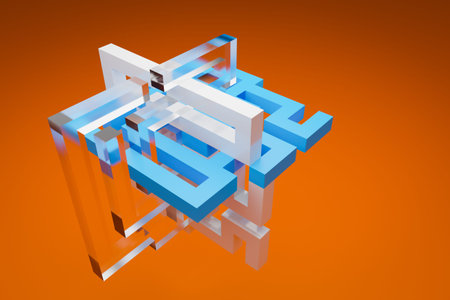 3D rendering. Blue glass volumetric maze. Geometric pattern labyrinth. Abstract illusory endless...