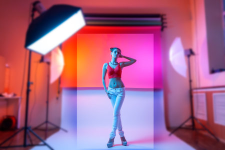 Photographing clothes for a catalog on a stylish thin woman in a photo studio with plain colors and...