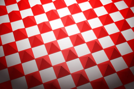 3D illustration red and white checkered geometric pattern of pyramids. Unusual chessboard....