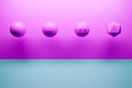 3d monochrome pink illustration: a row of winged balls with many faces. Simple geometric shapes in a...