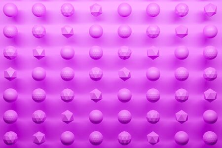 3d monochrome pink illustration: a row of winged balls  with many faces polygones. Simple geometric shapes in a row.の写真素材