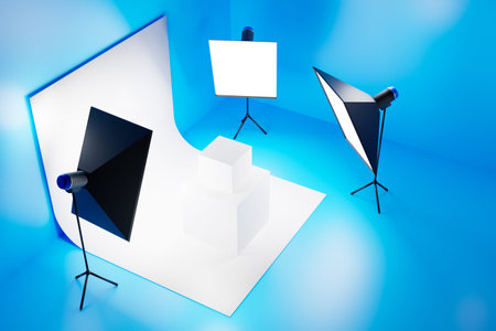 3D rendering Photostudio with studio equipment:  white background for photography, studio flashes, deflectors, octoboxes.  Subject photography of a white cube in a photo studioの写真素材