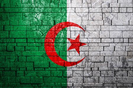 National flag of Algeria on brick  wall background.The concept of national pride and symbol of the country. Flag  banner on  stone texture background.の写真素材