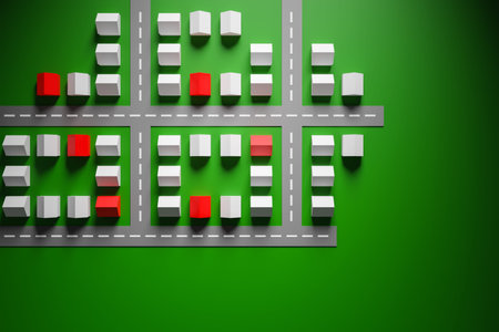 3d illustration small identical white and red one-story village houses stand in even rows on green...
