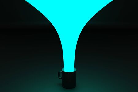 3D rendering. Ð¡lose-up of a medium-sized mug of black tea and coffee in blue  a blue flow of water conceptually drops on a black isolated background. Thermal mug visualizationの写真素材