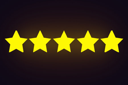 3d illustration 5 golden stars stands in a row on black isolated background. The concept of...
