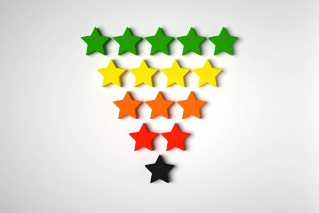 3d illustration  5 multi-colored stars stands in rows, gradually decreasing in number. The concept of evaluation of restaurants, hotels and others. First-class star ratingの写真素材