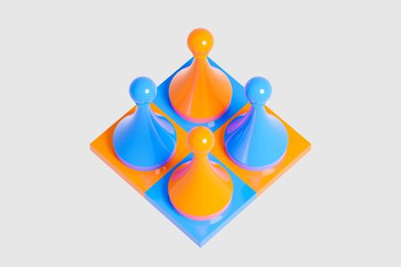 3d illustration yellow and blue chess, checkers on a chessboard on a white background. Chess pieces lined up on the chessboard. Concept picture concerning decision making and strategy.の写真素材