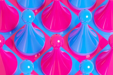 3d illustration pink and blue chess, checkers on a chessboard on a white background. Chess pieces lined up on the chessboard. Concept picture concerning decision making and strategy. の写真素材