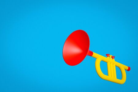 3d illustration of a trumpet musical instrument in yellow-red color in cartoon style on a blue isolated background.の写真素材