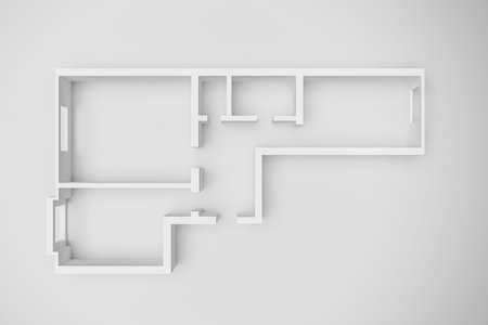 3d interior rendering of an empty paper model of an apartment house with two bedrooms, a large...