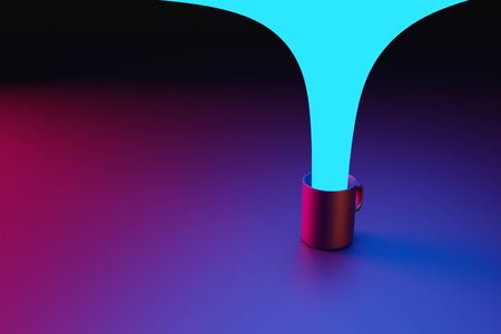 3D rendering. Ð¡lose-up of a medium-sized mug of black-pink tea and coffee in which a blue flow of water conceptually drops on a black isolated background. Thermal mug visualizationの写真素材