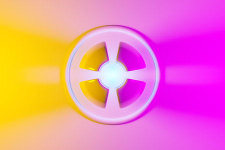 3D illustration of a neon pink and yellow ball  shines its rays in different directions on light...