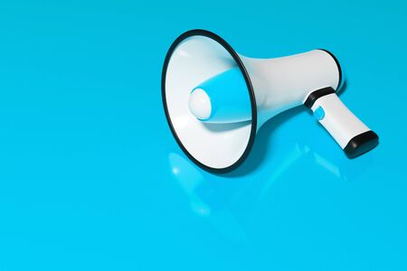 Blue and white cartoon loudspeaker on a blue monochrome background. 3d illustration of a megaphone. Advertising symbol, promotion concept.の写真素材