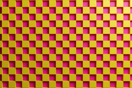 3D illustration red and yellow checkered geometric pattern of pyramids. Unusual chessboard....