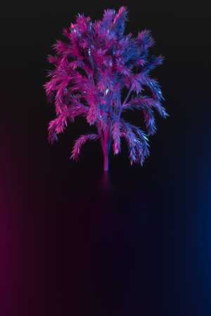 3D illustration of a large neon deciduous tree under pink and blue light with several shadows on a black background, top viewの写真素材