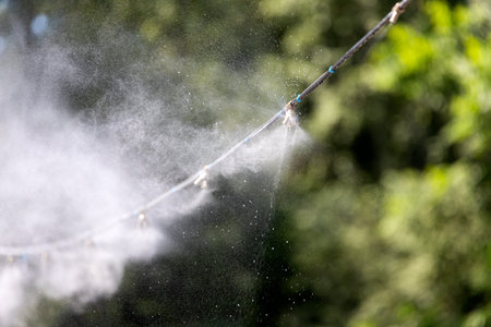 Close-up of a hose spraying water with very small drops to cool passers-by in the park backgroundの写真素材