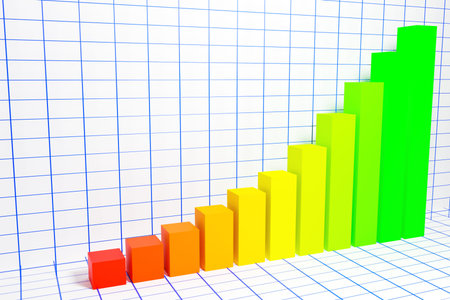 3d illustration of a bar graph with increasing columns from small to large on a white background....