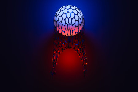 3d illustration of a blue-red ball covered with a net flies in the air on a black isolated...