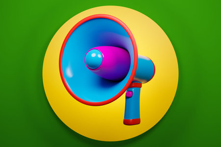 Blue and pink cartoon loudspeaker on a green and yellow monochrome background. 3d illustration of a...