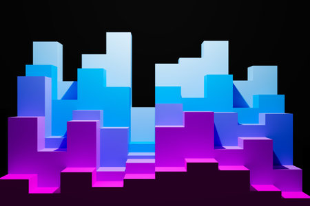 3D illustration volumetric pink and blue cube on a geometric monophonic background. Parallelogram...