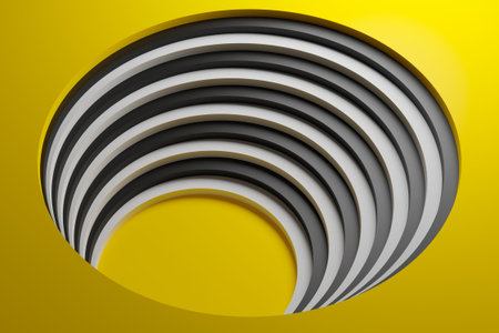 3D illustration volumetric yellow and white shipe, ball on a geometric monophonic background. Parallelogram pattern. Technology geometry neon backgroundの写真素材