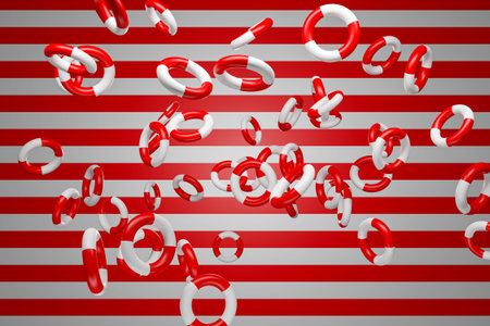 Red and white lifebuoys fly in the air against a striped background. Multicolored circles in flight