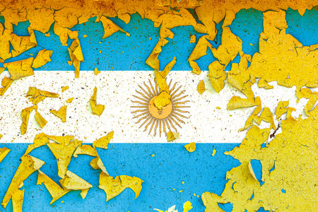 The national flag of Argentina is painted on an old metal wall with ragged paint. Country symbol.