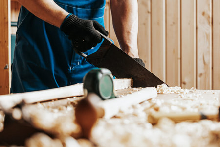 close-up of a man construction worker sawing a block of wood with a hand saw in a workshop