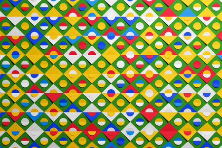 Multicolored pattern in geometric ornamental style with squares and circles. Abstract background...