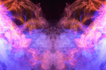 Close up of colorful blue and red steam smoke in mystical and fabulous forms on black...