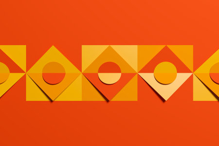 Multicolored yellow, orange and red pattern in geometric ornamental style with squares and circles....