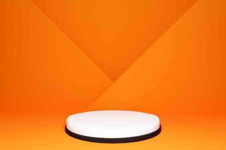 3d illustration of a scene from a circle on a orange background. A close-up of a white round white...