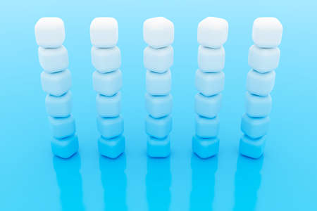 3d illustration of rows of white cube.Set of chewing gum on blue background. Parallelogram pattern. Technology geometry backgroundの写真素材