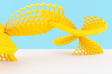 Close-up 3d monochrome illustration of an unusual geometric shape. Pattern of simple geometric hexagonal shapes, mosaic background. Unusual fairytale bridge over the white riverの写真素材