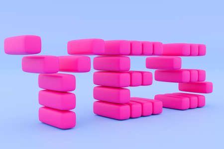 The inscription YES from pink cubes on a blue isolated background. Conception of consent, self-righteousnessの写真素材