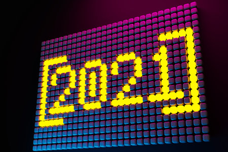 3D illustration inscription 2021 from small yellow cubes on a neon background. Illustration of the symbol of the new year.の写真素材