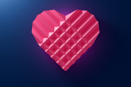 3D illustration of a volumetric pink heart made of paper on a blue background. Origimi crafts....
