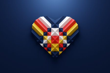 3D illustration of a volumetric multicolored heart made of paper on a blue background. Origimi...