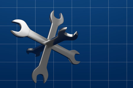 3d illustration of metal keys wrenches of different sizes lie on a blue isolated background, side...