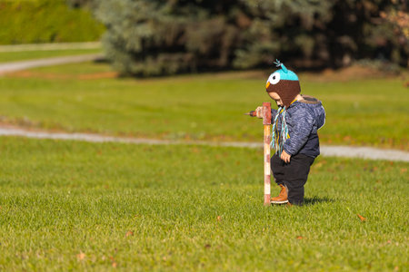 Littlr boy walking on green field on a warm autumn day. The concept happy childhood.