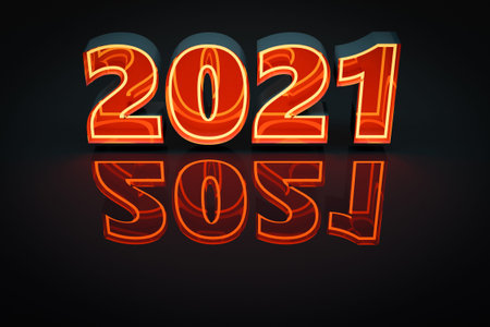 3D illustration inscription 2021 from red and yellow neon lines on a neon background. Illustration...